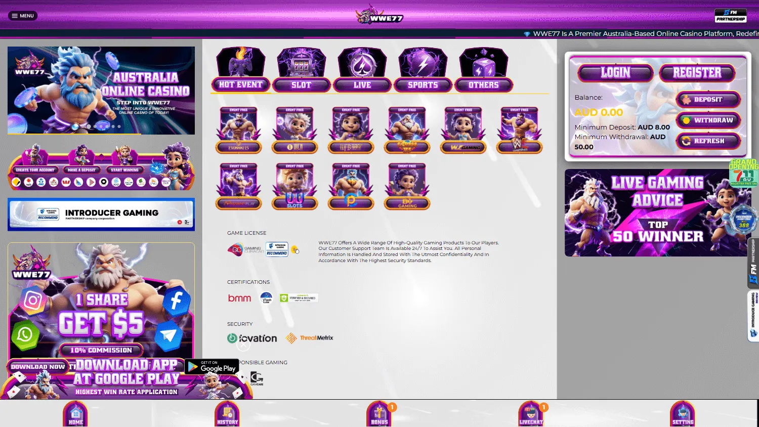 Wwe77 Casino home experience on desktop